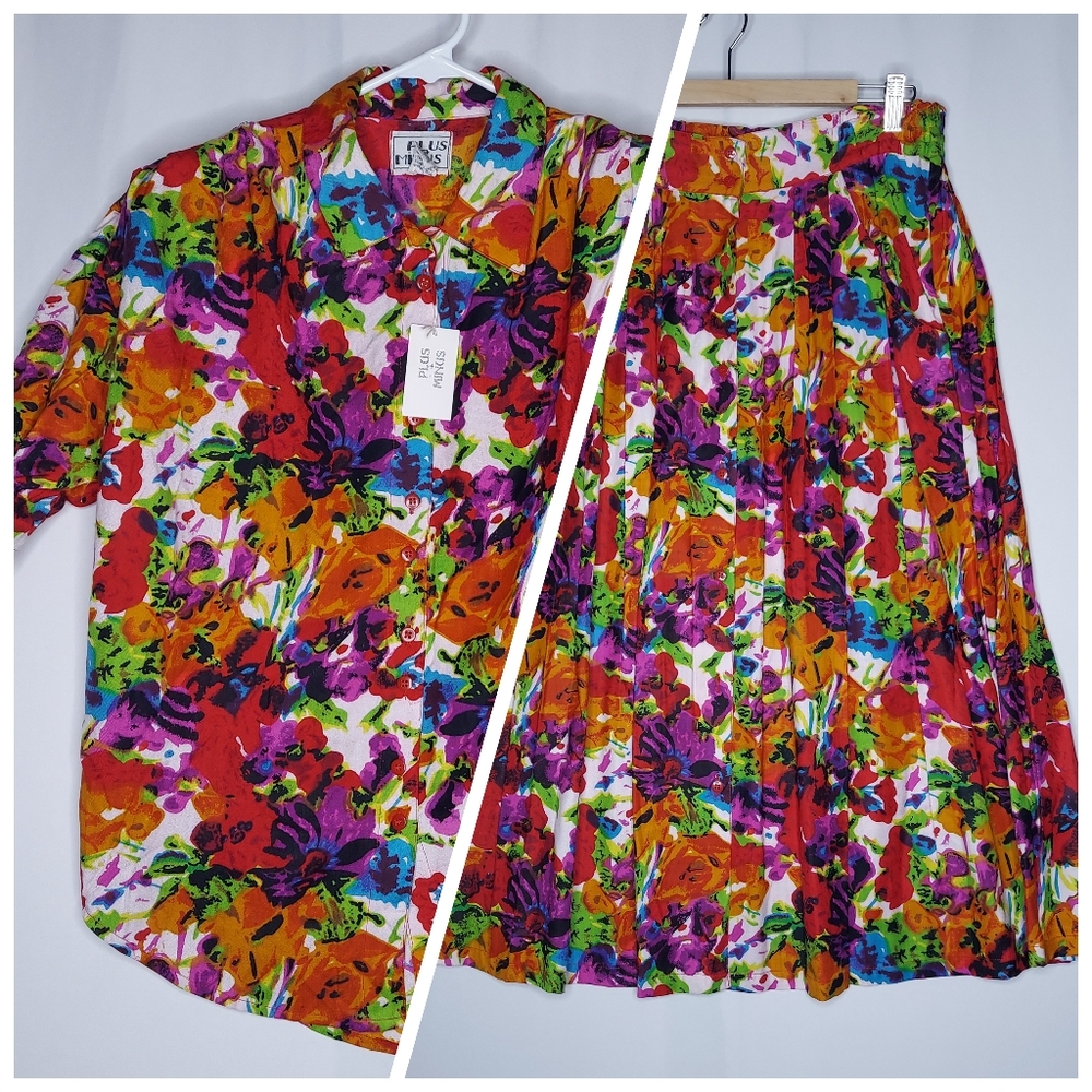 Plus Minus Vtg Skirt Top Set Womens Medium Button Pocket Multicolor Floral 80s
